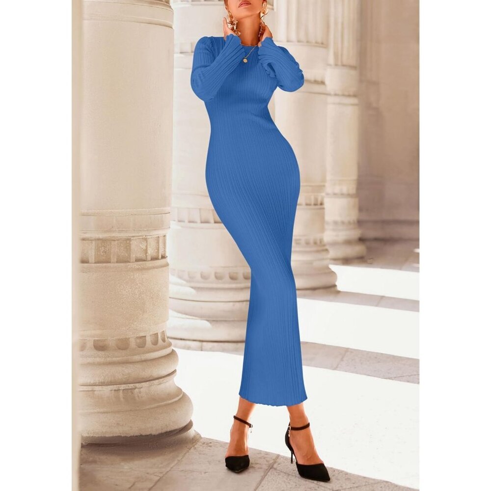 Women's Sky Blue Fall Bell Long Sleeve Crew Neck Bodycon Sweater Maxi Dress - Picture 4 of 7